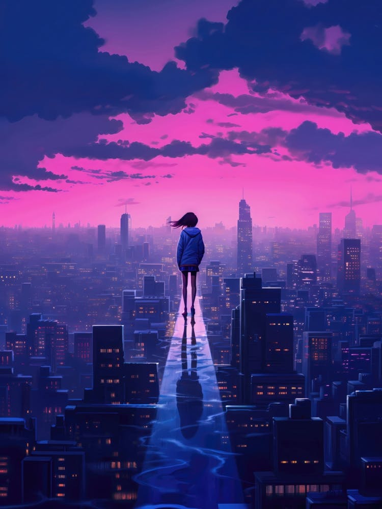 Neon Anime Girl Standing On A Bridge above the City