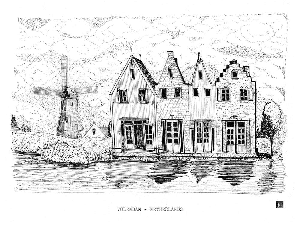 Volendam Netherlands - Windmill & Dutch House Sketch - Windmill Wall Decor & Dutch Travel Art