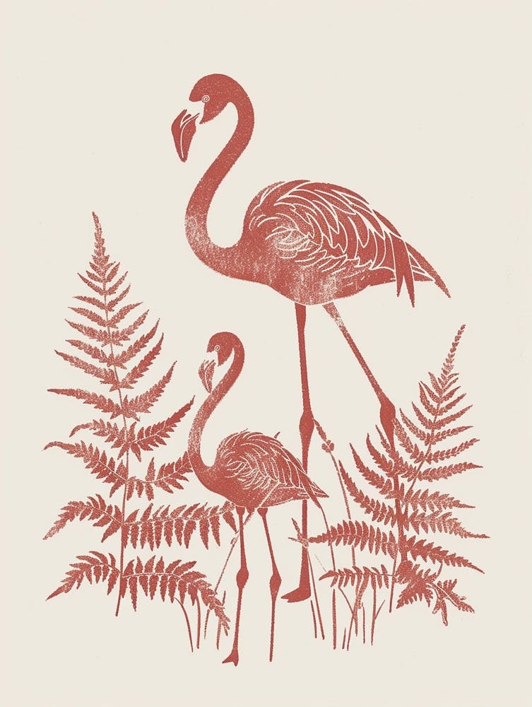 American Flamingo And Ferns Minimalist Illustration 3