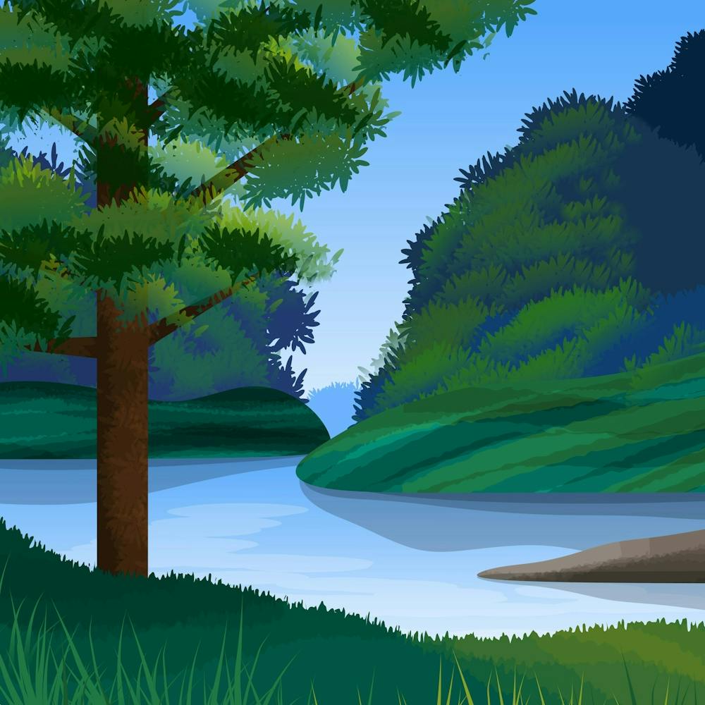 Stylized Landscape Scenic Forest Tree River Environment Vista Green Blue Summer Woods Trunk Branches Nature