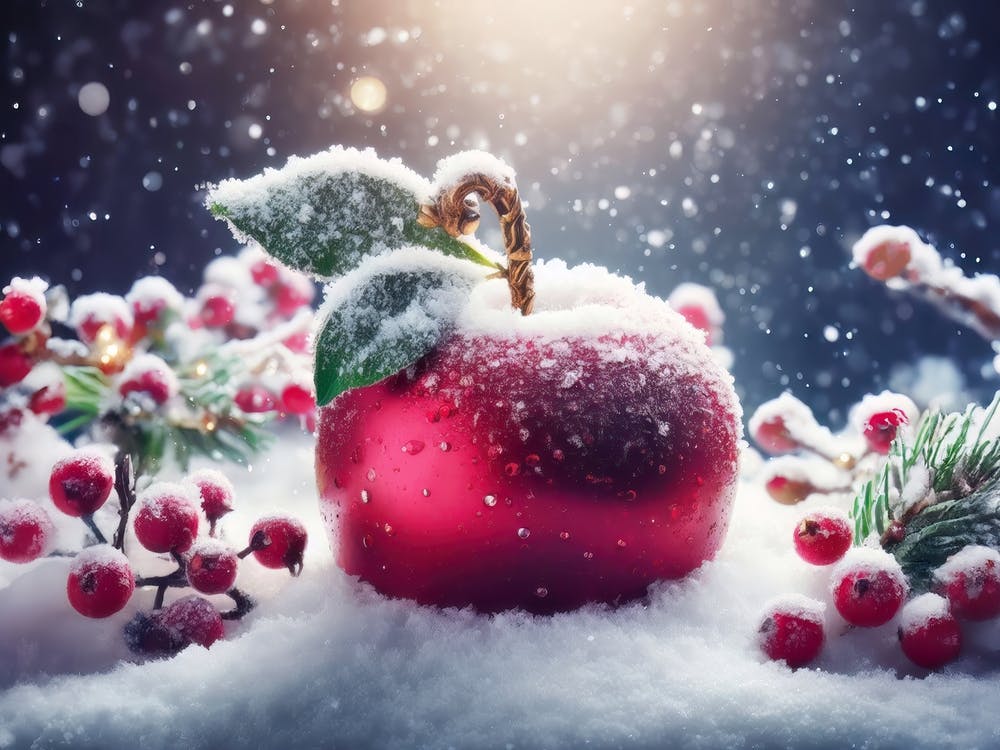 Red Apple in the white snow, winter theme