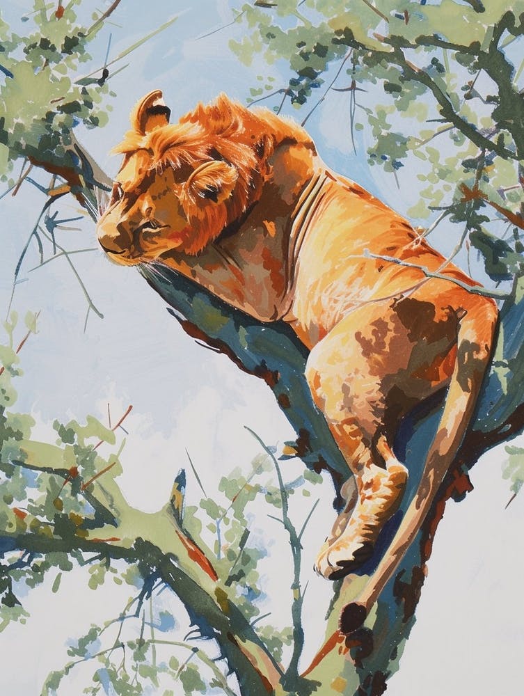 Southwest African Lion Climbing A Tree Fauvist Painting 2