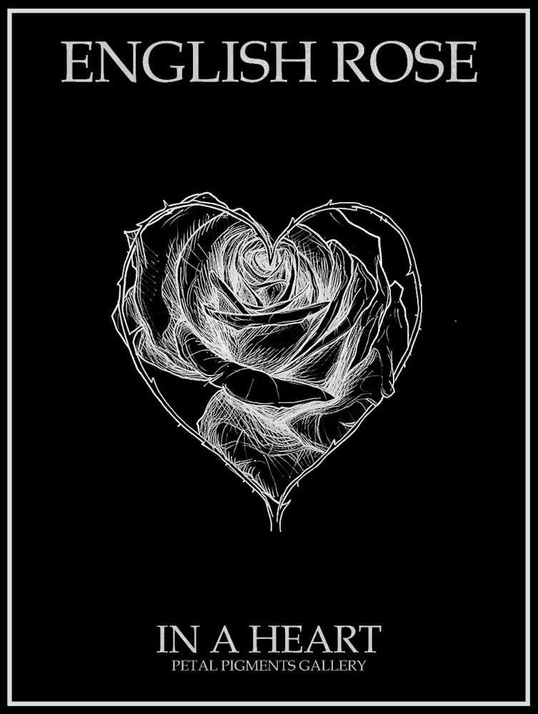 Englische Rose In Einem Herz Strichzeichnung 3 Poster Invertiert
