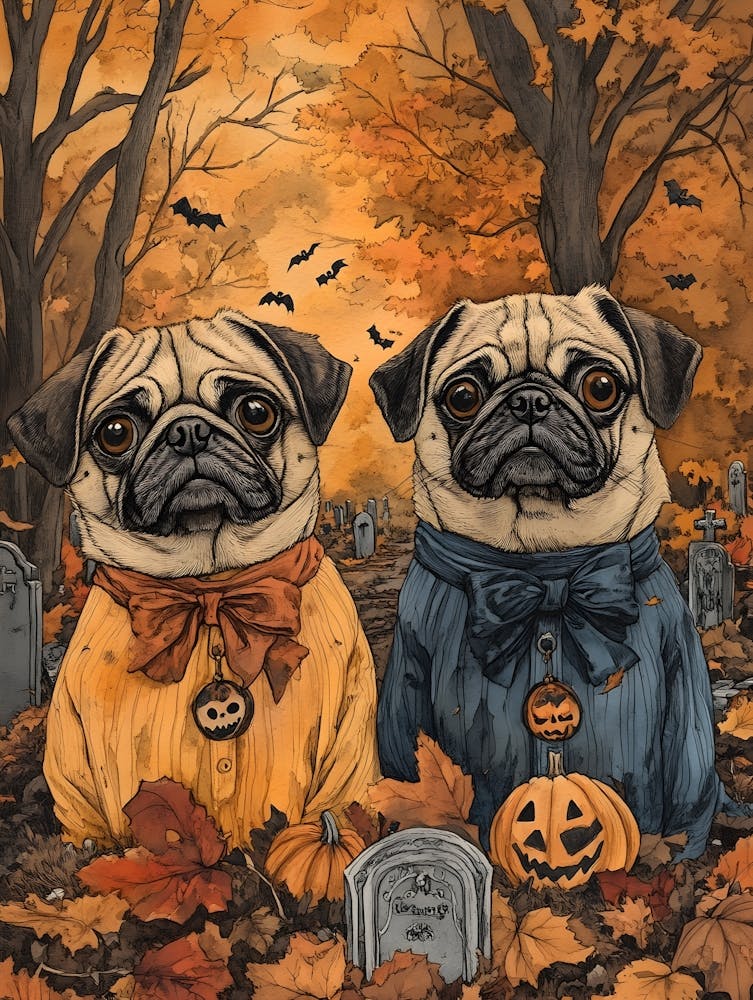 Halloween Pugs Watercolor 4