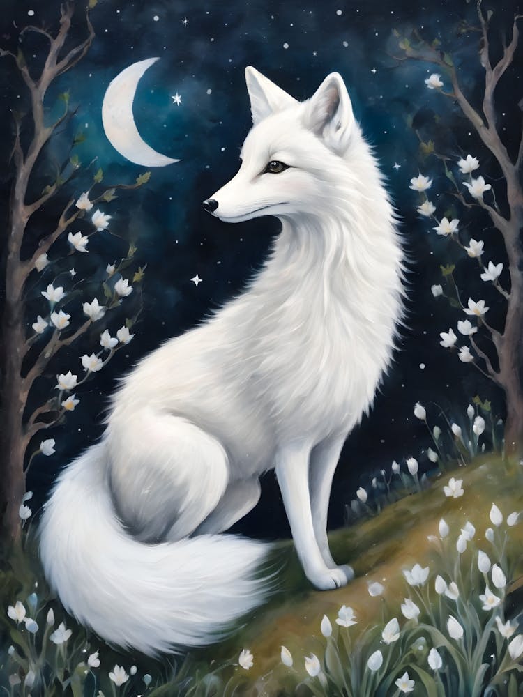 Imbolc White Fox ~ Under the Full Moon with Snowdrops ~ Enchanted Fae Creatures Series by Sarah Valentine 