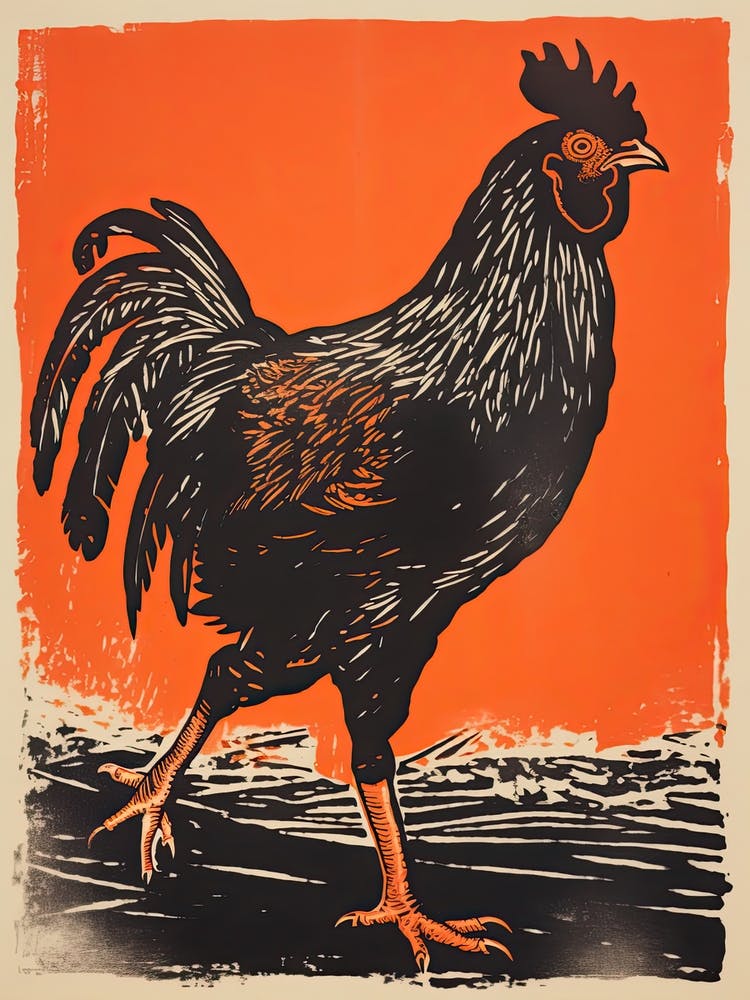 Chicken, Woodblock Animal  Drawing 1