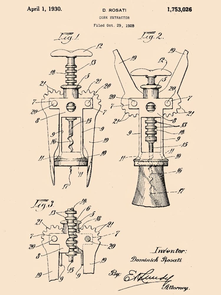 Cork Extractor Patent Vintage Poster