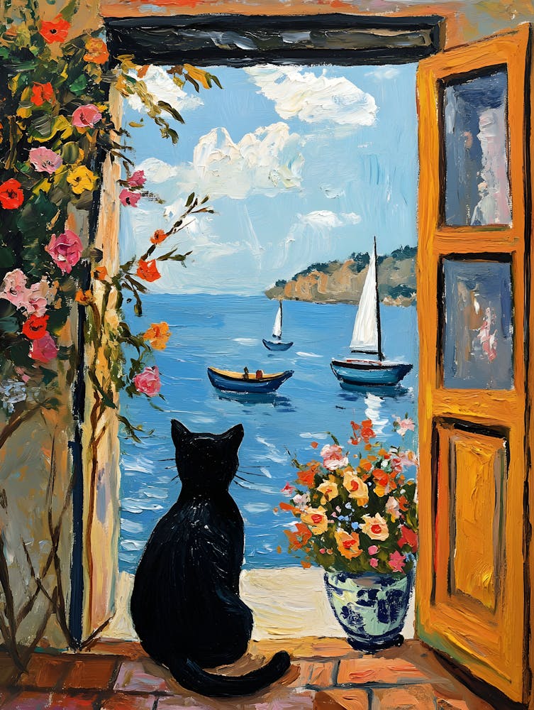 Oil Painting Black Cat Loves the Sea 12