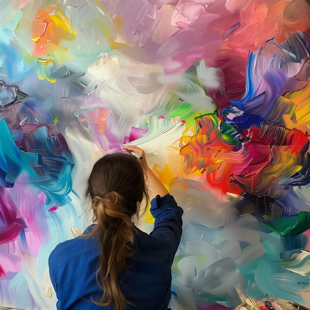 Talented Innovative Female Artist Draws with Her Hands on the Large Canvas, Using Fingers She Creates Colorful, Emotional, Sensual Oil Painting. Contemporary Painter Creating Abstract Modern Art