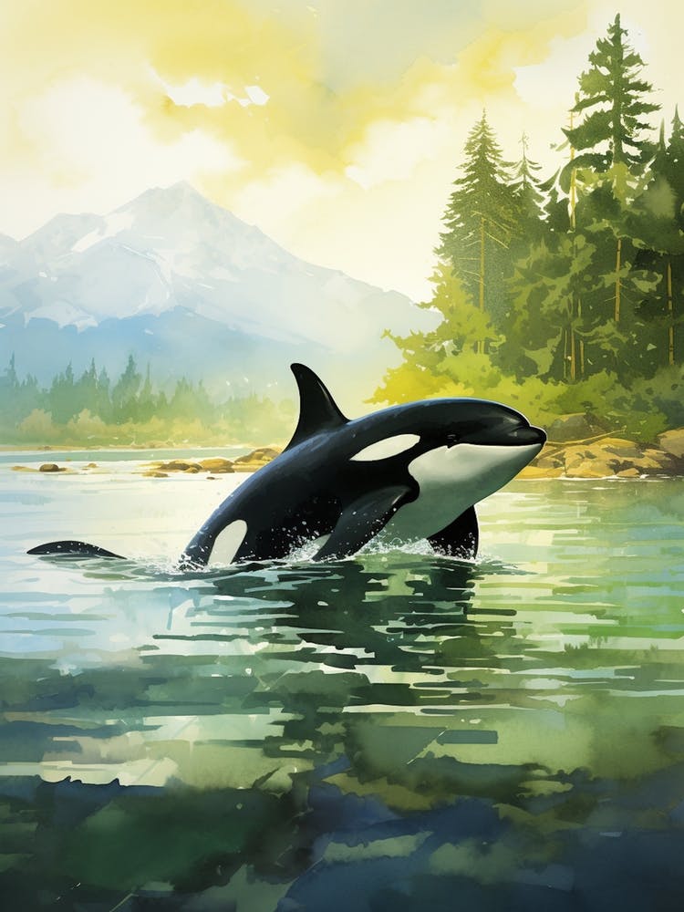 Green Watercolour Orca Whale