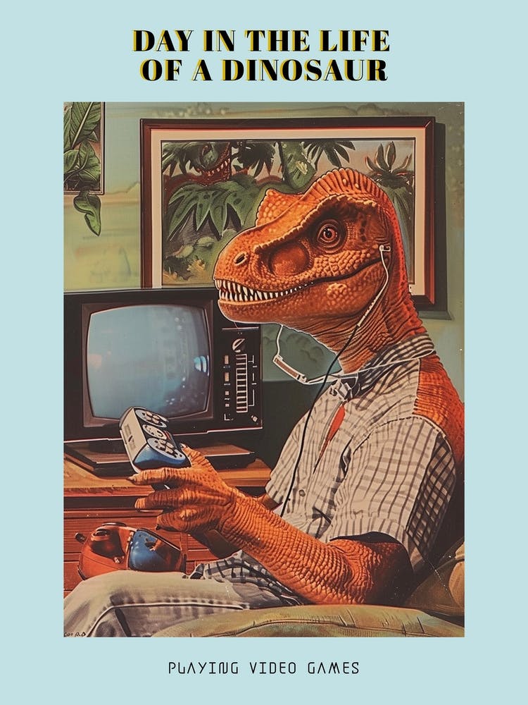 Retro Collage Dinosaur Playing Video Games 2 Poster
