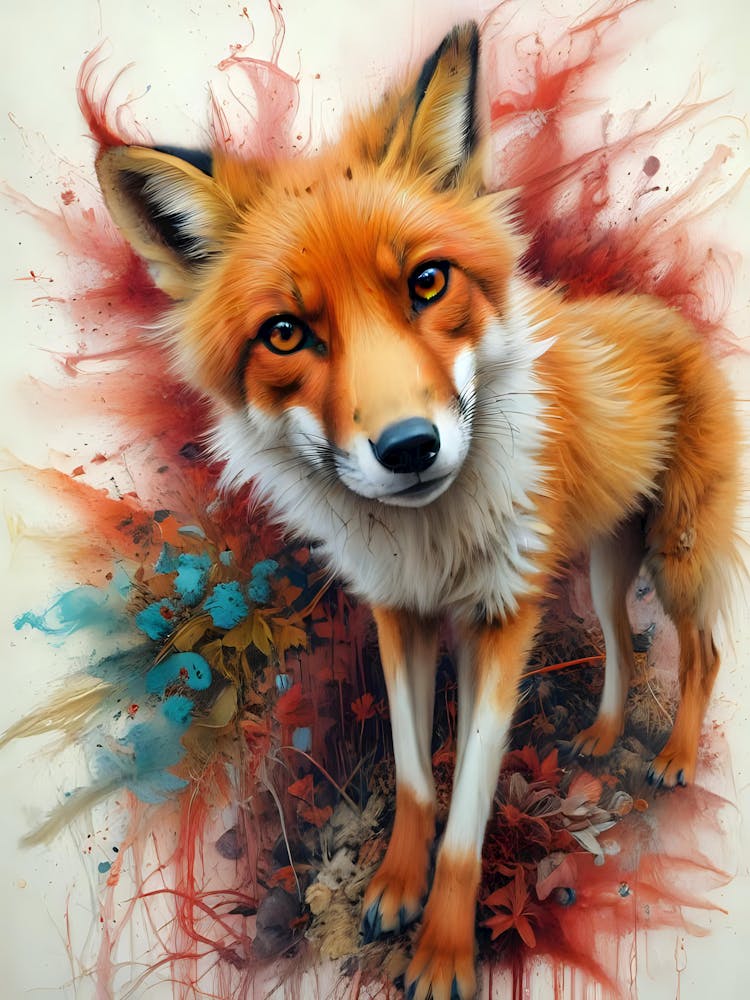 Curious Fox in Bloom - Red and Teal Botanicals