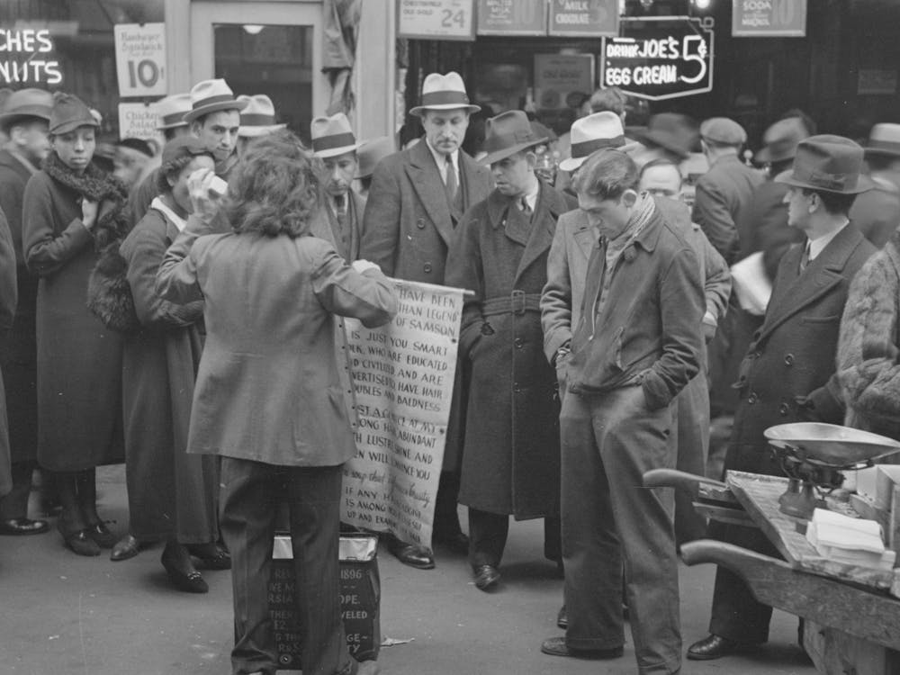 Hair Tonic Salesman Advertising His Wares, 7th Avenue At 38 Street, New York City By Russell Lee