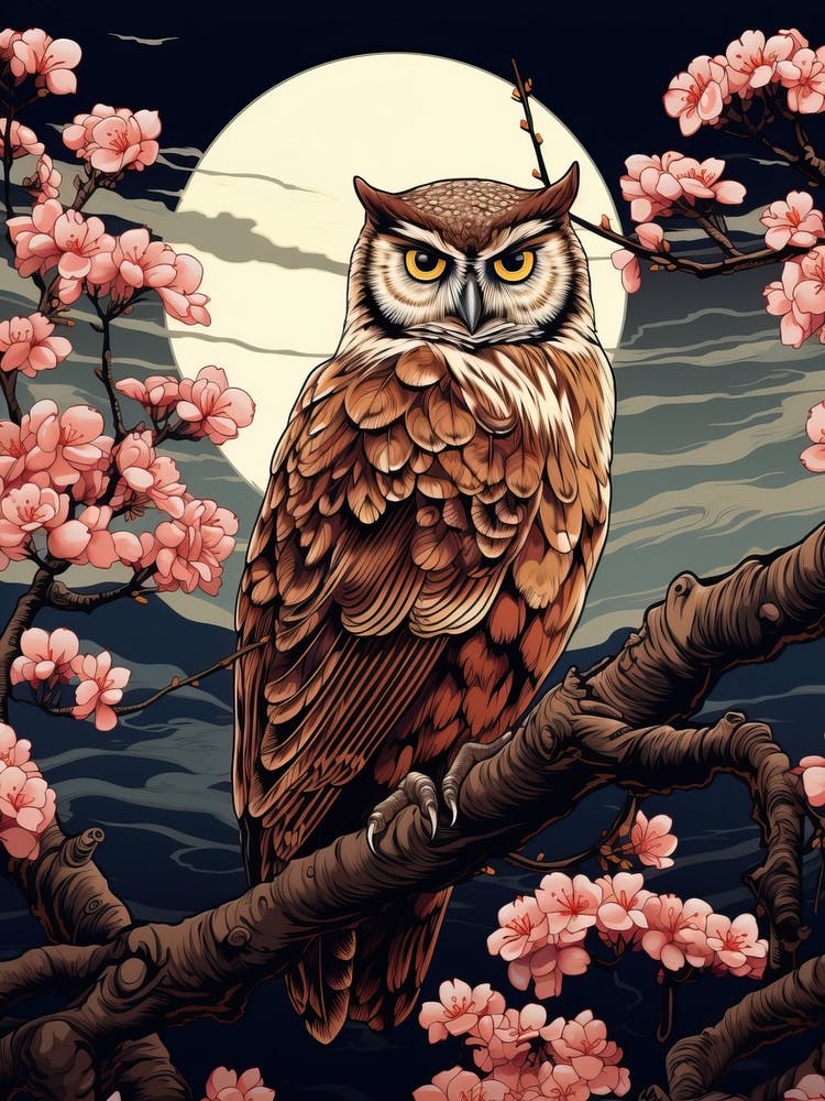 Eulen-Tierzeichnung im Stil von Ukiyo-e 1