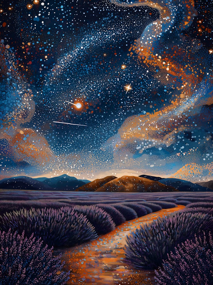 Starry Lavender Field In Pointillist Style Poster