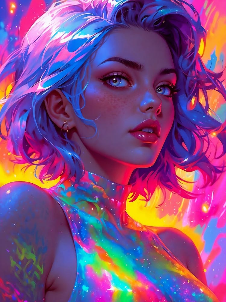 Blonde anime girl with translucent beauty — her eyes shimmering in neon hues, embodying the essence of sexy cyberpunk allure.
