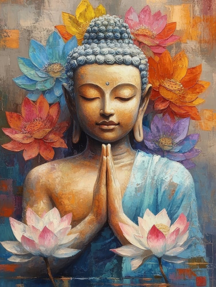 Buddha Surrounded By Colorful Lotus Flowe