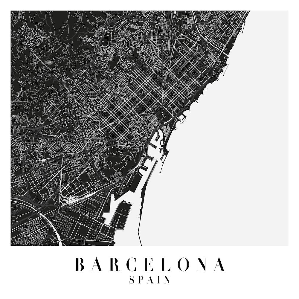 Barcelona Spain Minimal Black Mono Street Map  Square