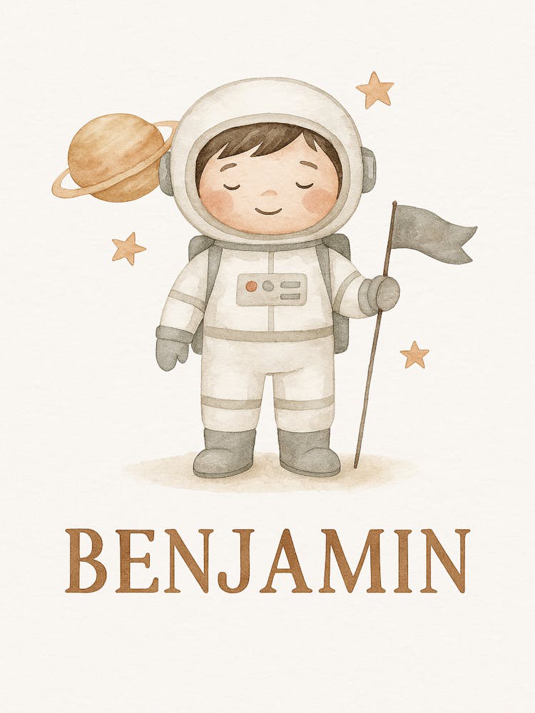 Personalized Space Astronaut Wall Art for Kids – Custom Name Nursery Print – Watercolor Boy Room Decor – Benjamin