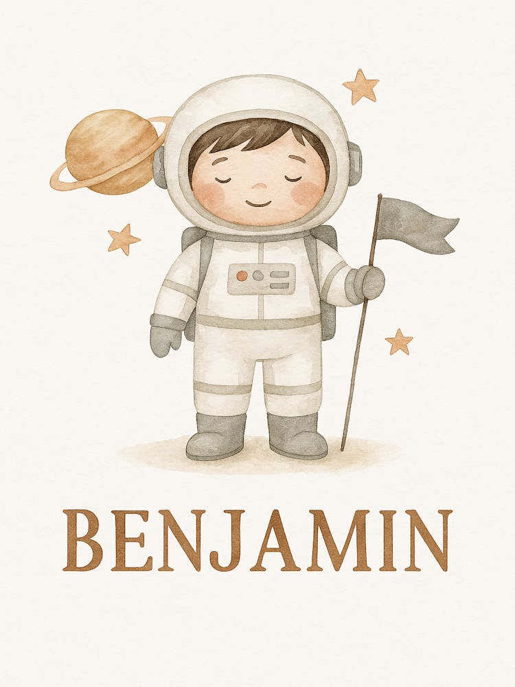 Personalized Space Astronaut Wall Art for Kids – Custom Name Nursery Print – Watercolor Boy Room Decor – Benjamin