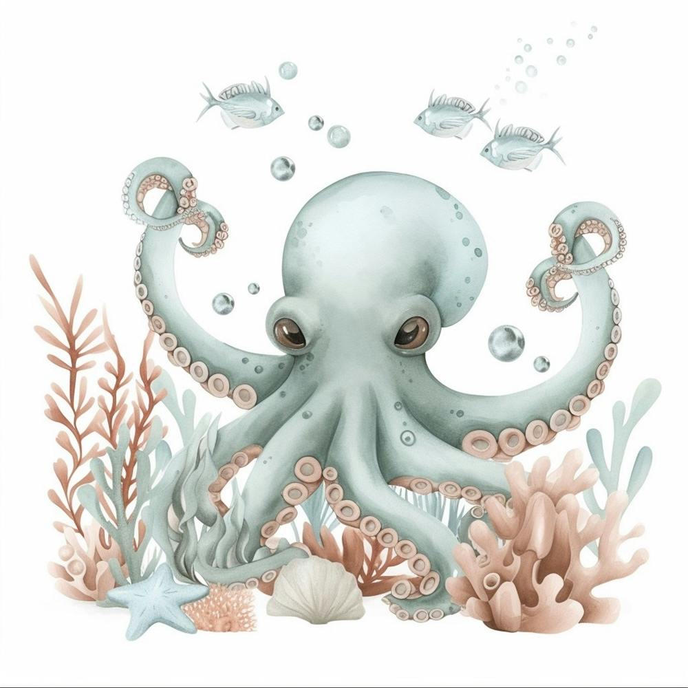 Storybook Style Octopus With Fish 2