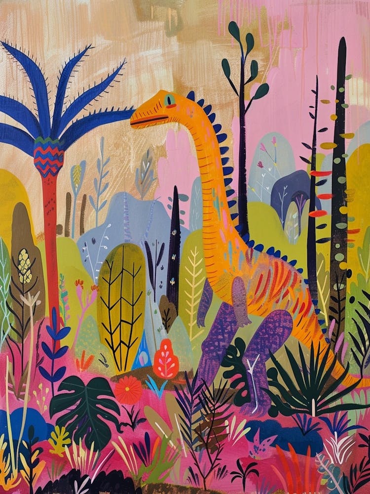 Colourful Dinosaur In A Jungle Painting 2
