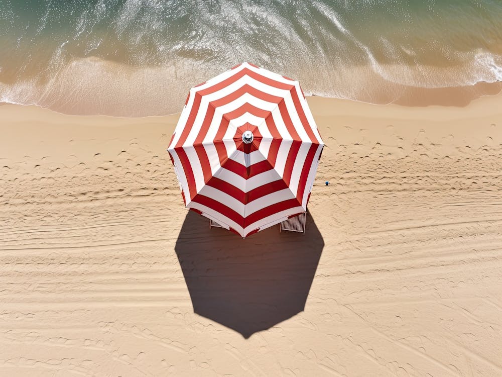 Aerial View Of A Red And White Beach Umbrella Summer Photography