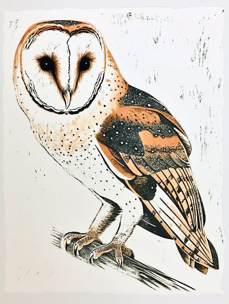 Barn Owl Linocut Blockprint 1