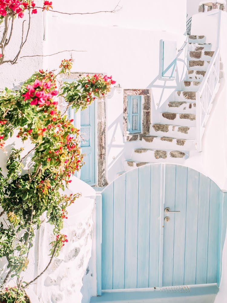Pastel Blue Gate On Santorini
