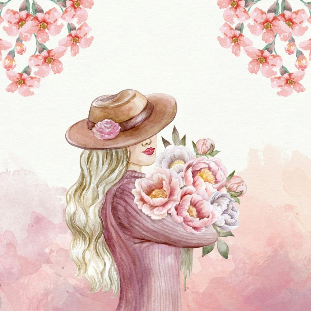 Watercolor Girl With Flowers