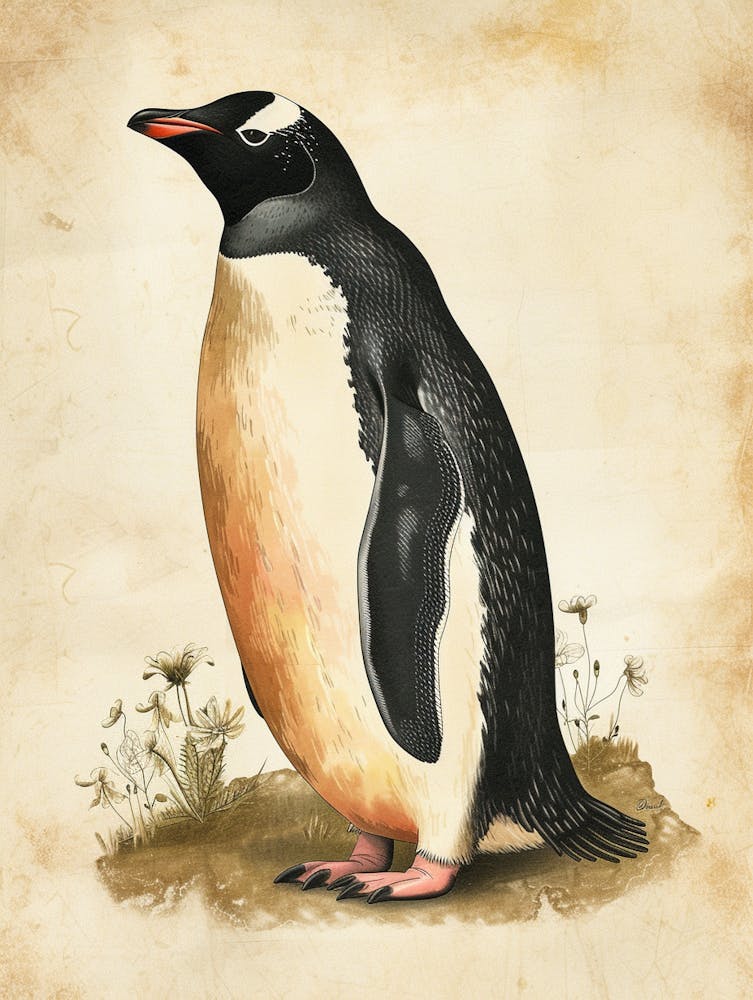 Adlie Penguin Zavodovski Island Vintage Botanical Painting 1