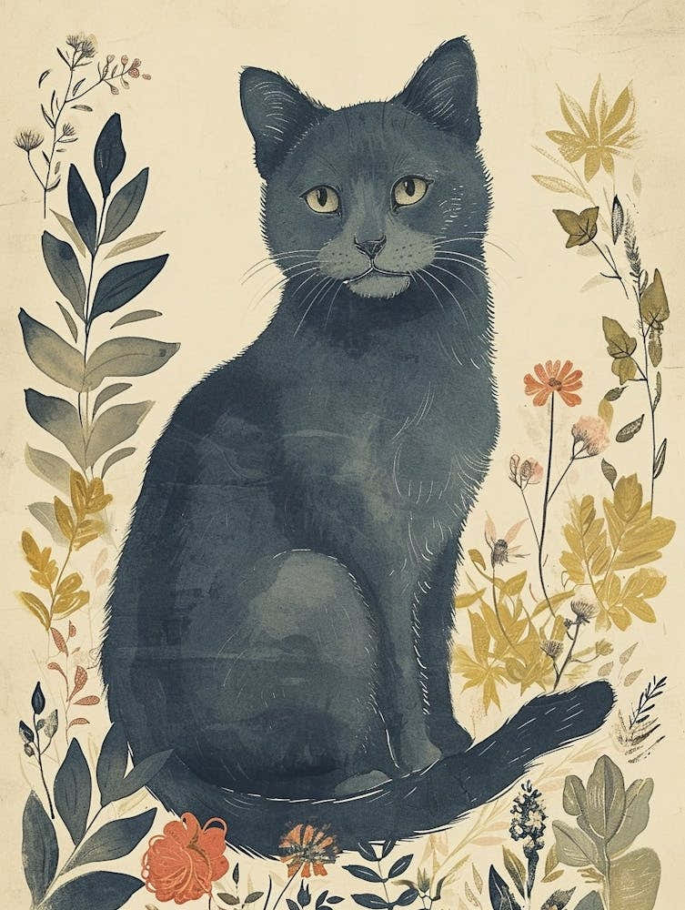 Russian Blue Cat Japanese Illustration 1