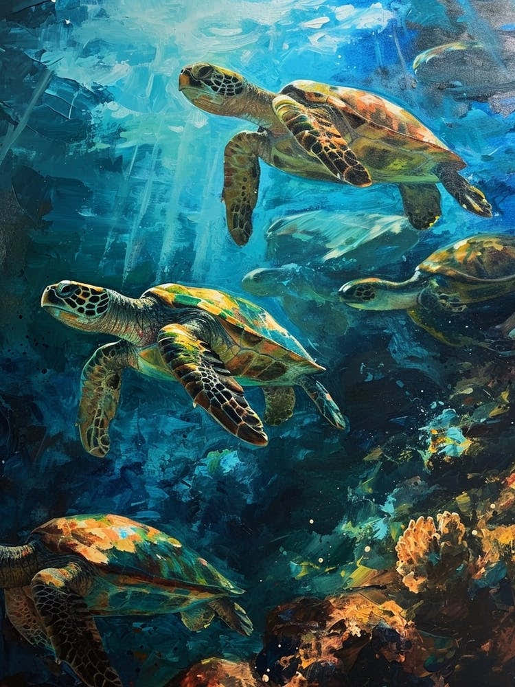 Sea Turtles Illuminated By The Light Underwater 7