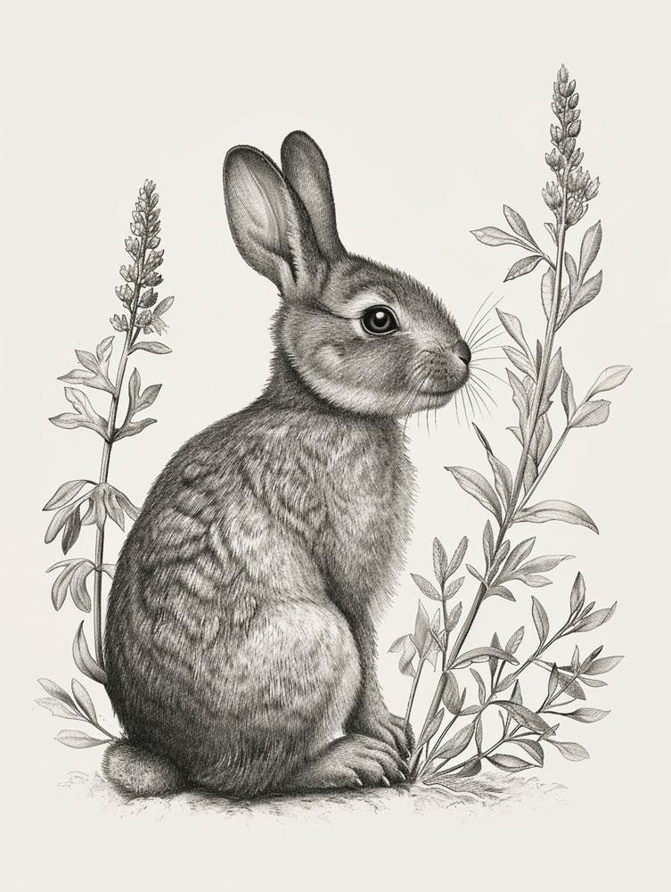 English Silver Blockprint Rabbit Illustration 1