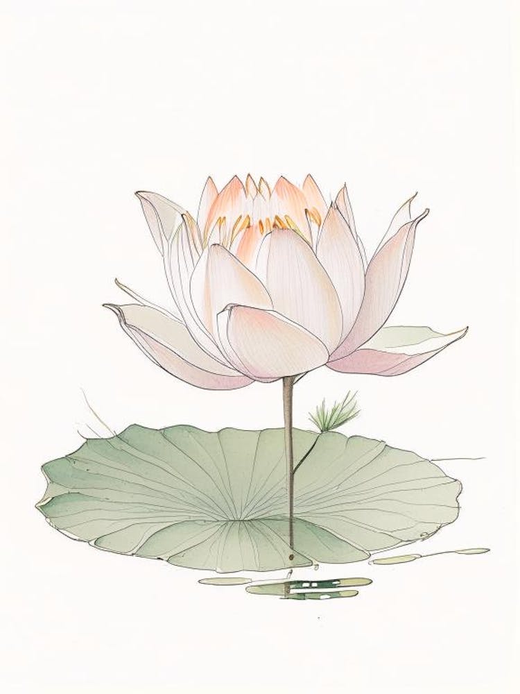 Blooming Lotus Flower In Pond Pencil Illustration 2