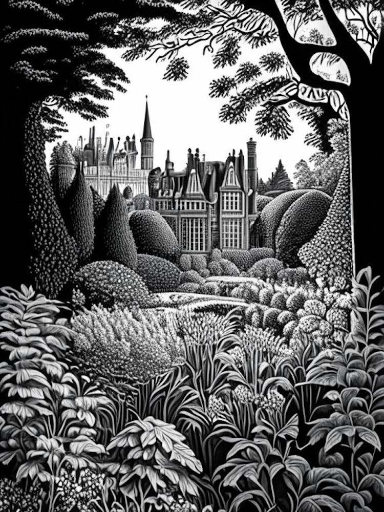 Château De Villandry Gardens, France Linocut Black And White Vintage