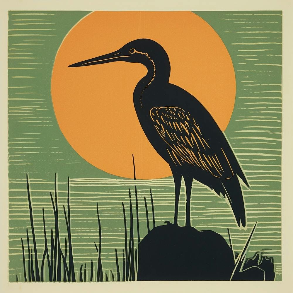 Retro Bird Lithograph Green Heron 2