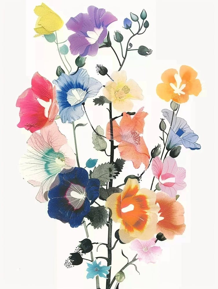 Bouquet de fleurs de roses trémières en collage
