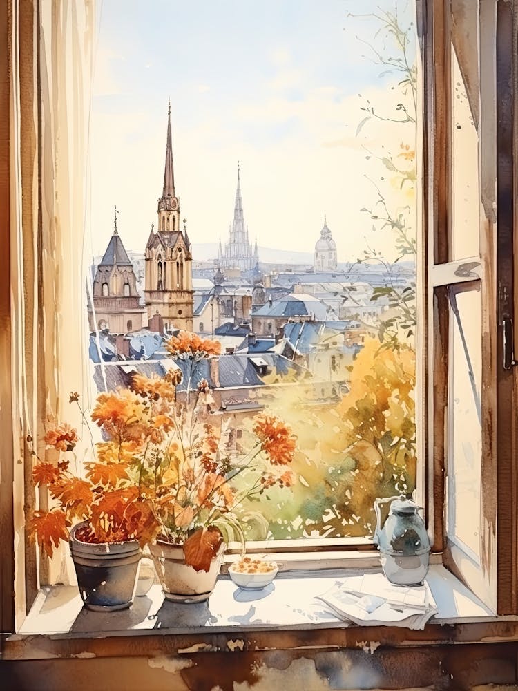Window View Of Frankfurt Germany In Autumn Fall, Watercolour 4