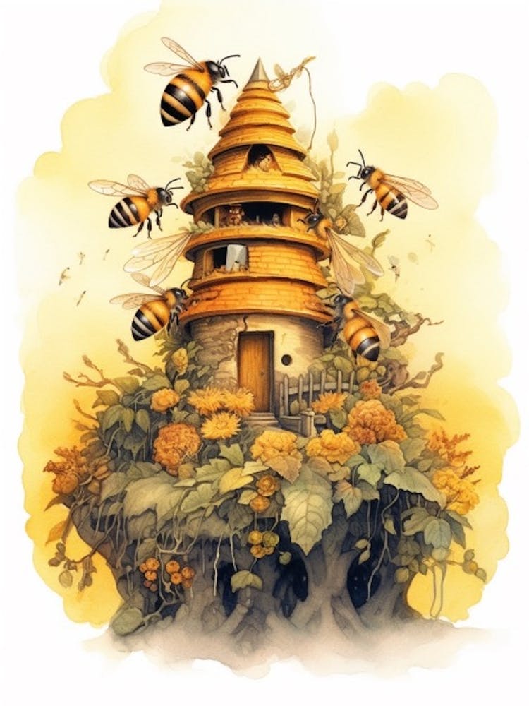 European Honey Bee Beehive Watercolour Illustration 2