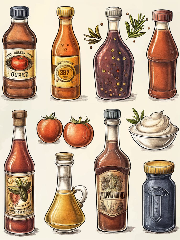 Illustration Of Various Popular Grocery Store Condiments Including Ketchup Mustard Mayonnaise Barbecue Sauce Tahini And More Against A White Background