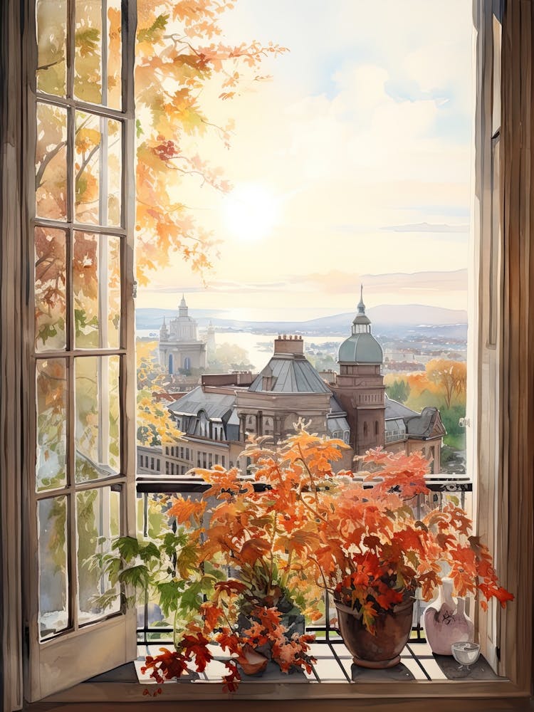 Window View Of Oslo Norway In Autumn Fall, Watercolour 1