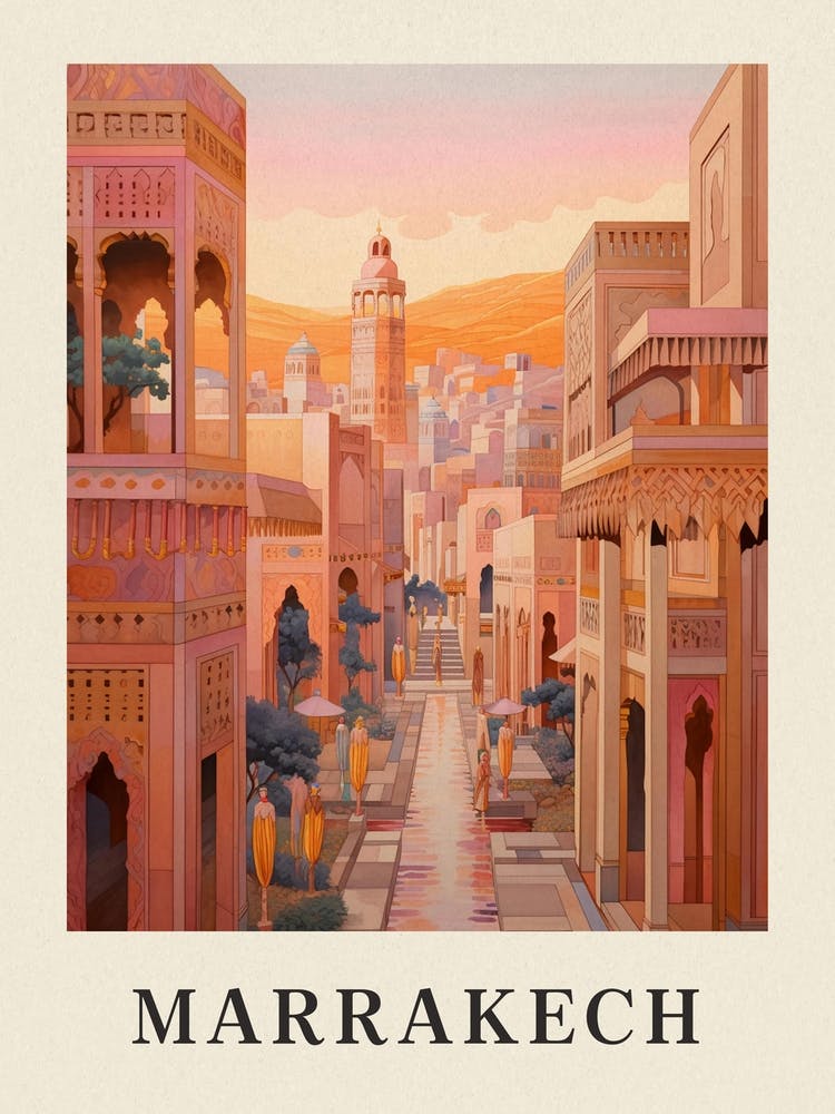 Marrakech Morocco 7 Vintage Pink Travel Illustration Poster