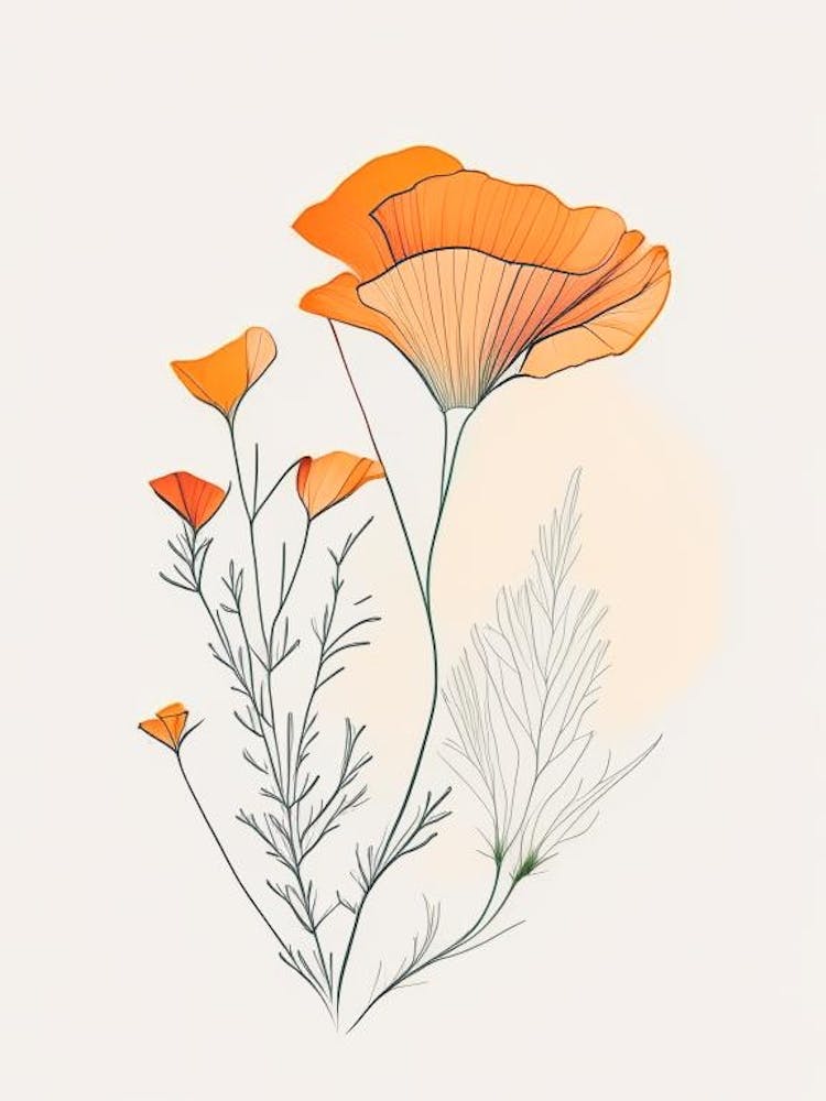 California Poppy Spices And Herbs Minimal Line Drawing 4