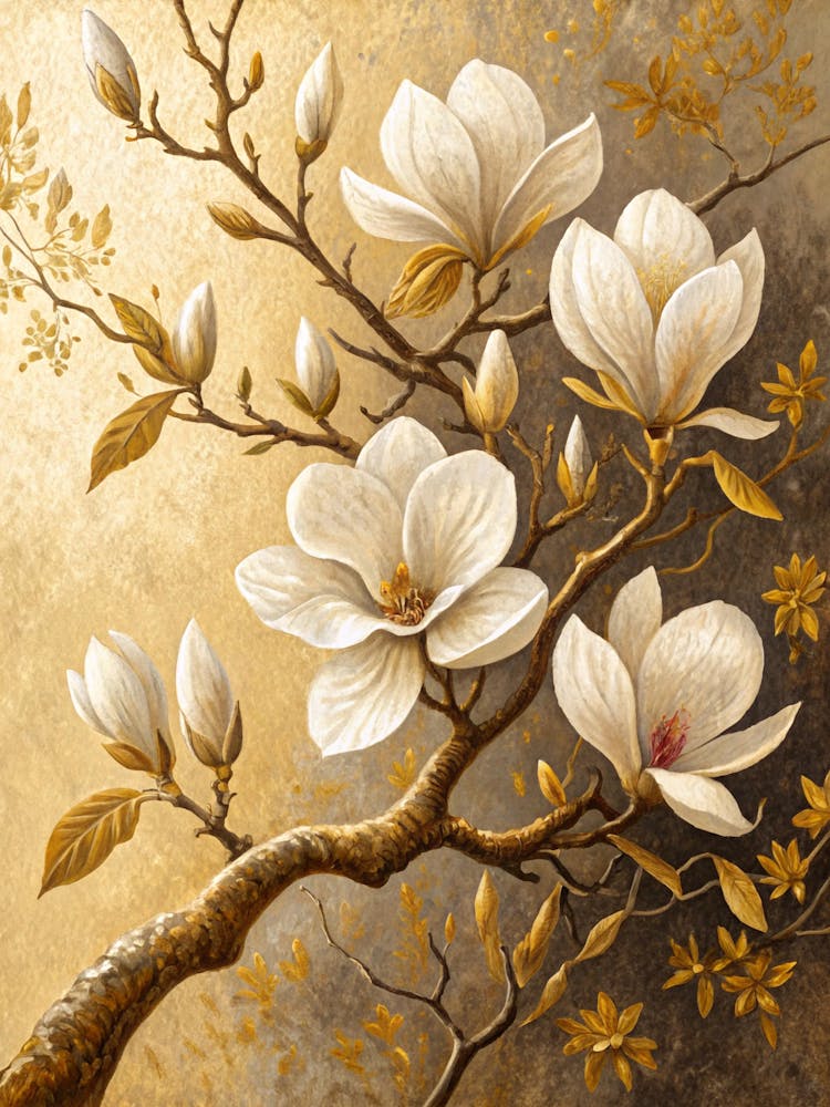 Oil Painting Style White Magnolia Blossoms On A Gold