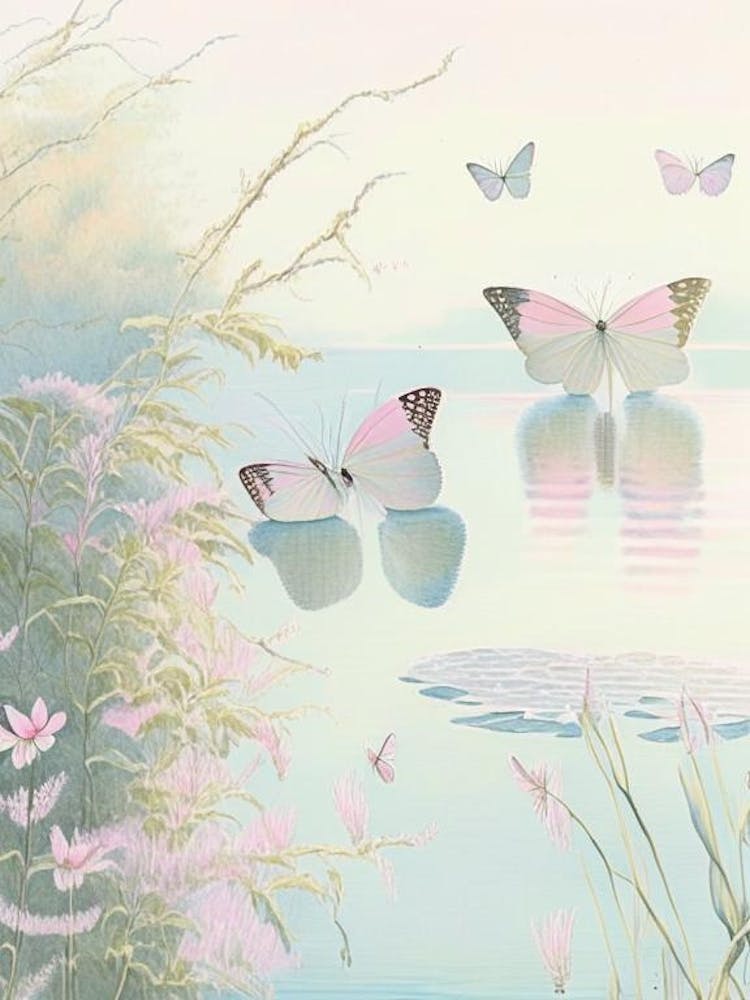 Butterflies On Lake Vintage Pastel 1