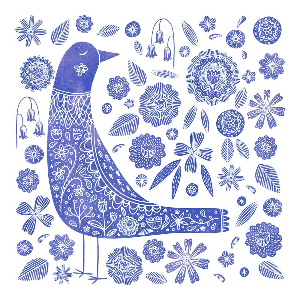 Scandinavian Bird And Flowers Blue and White