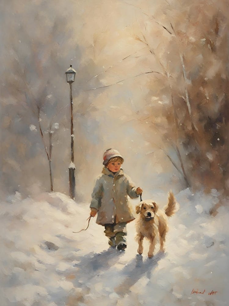 Boy And His Dog In The Snow