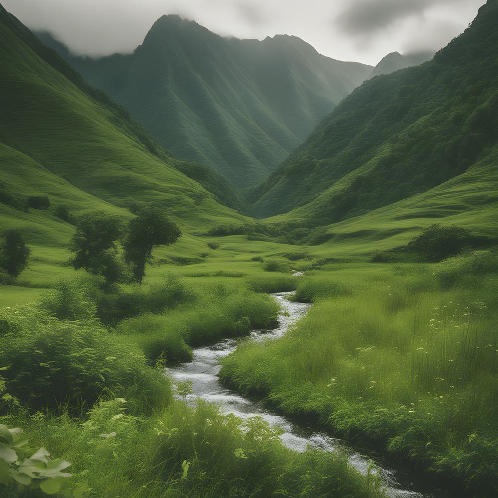 A Landscape Amidst Mountains Greenery And A Small Water Stream (1)
