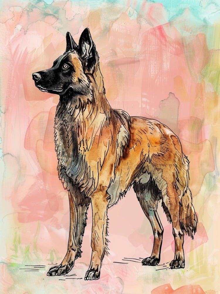 Pastel Belgian Tervuren Dog Pastel Line Illustration 3